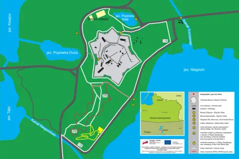 Mapa Giżycka z trasami rowerowymi, w tym szlakami MTB, prowadzącymi przez tereny Twierdzy Boyen i okolice jezior.