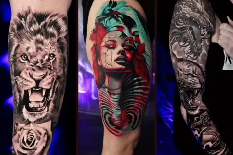 Drei beeindruckende Tätowierungen: ein Löwe mit Rose, eine Frau in Rot und Türkis, und ein Drache über einem Tiger. Ein Tattoo grau statt schwarz, das die Kunst zeigt.