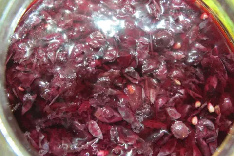 Ciemnoczerwone płatki i nasiona unoszą się w płynie, tworząc domowy ocet winny czerwony.