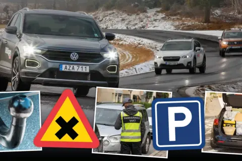 Biltest och trafikregler test. En grå Volkswagen T-Roc kör på en snöig väg, följd av en Subaru Crosstrek och en Dacia Duster. I förgrunden syns en dragkrok, en varningsskylt för korsning, en parkeringsvakt och en parkeringsskylt.