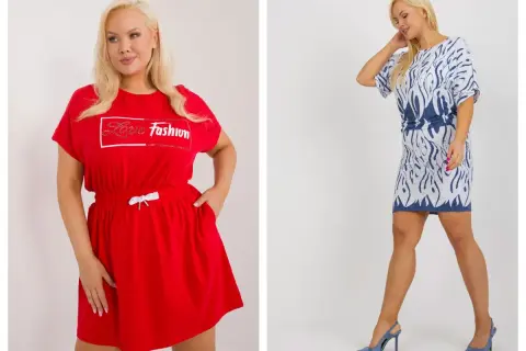 Kobieta w czerwonej sukience z napisem "Love Fashion" i w niebieskiej sukience z wzorem płomieni. Stylowa moda włoska plus size.