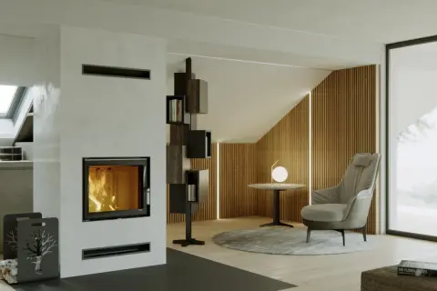Nowoczesny kominek z widocznym ogniem, idealny na 70m2. Obok regał na książki, fotel i okrągły stolik.