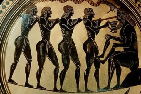 Un monstre s'attaque à Ulysse et ses compagnons. Ils portent un objet, peut-être un trésor, vers un homme assis.