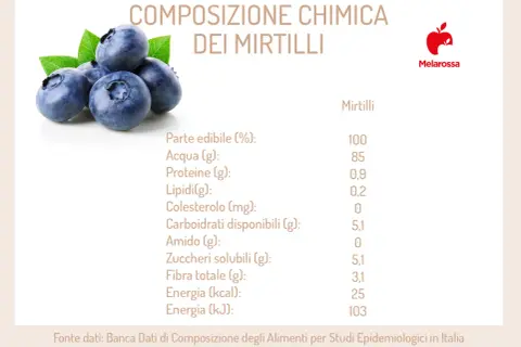 Composizione chimica dei mirtilli: 25 kcal per 100g. Dati nutrizionali completi.