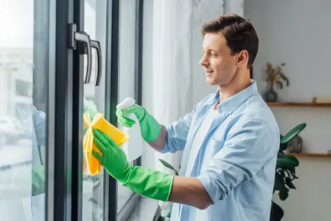 Mężczyzna w zielonych rękawiczkach czyści okna plastikowe, używając sprayu i żółtej ściereczki. Dbałość o detale to klucz do konserwacji okien.