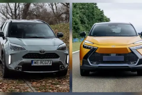 Dwa SUV-y Toyoty: szary model z 2018 roku i żółty, nowszy model, prezentują swoje przednie części.