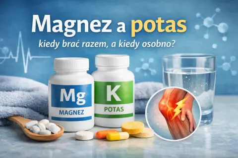 Magnez i potas w tabletkach, obok szklanki wody i grafiki bolącego kolana. Dowiedz się, kiedy warto je brać razem.