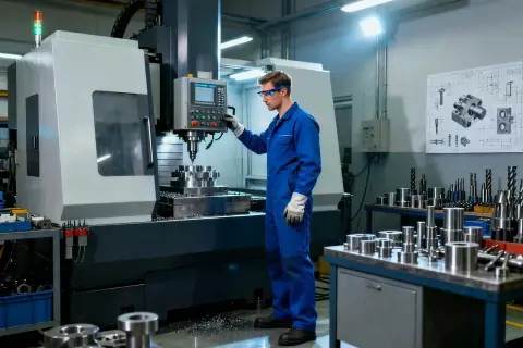 Operator w niebieskim kombinezonie obsługuje maszynę CNC, precyzyjnie tworząc detale. g01.