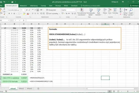 Arkusz Excel z danymi i formułą ODCH.STANDARDOWE, obliczającą odchylenie standardowe dla próby danych.