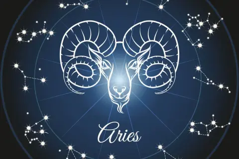 Aries, jaki to znak zodiaku? Symbol Barana otoczony konstelacjami na tle nocnego nieba.