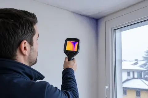 Un tecnico usa una termocamera per rilevare un ponte termico e la muffa in un angolo di una stanza, con una finestra innevata sullo sfondo.
