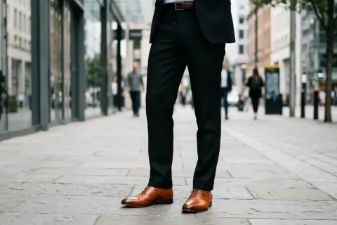 Eleganckie brązowe buty do czarnych spodni, idealne na miejski spacer.