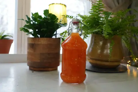 En flaska med hemgjord sweet chili sås står på en vit yta, omgiven av gröna växter och en gul lampa.