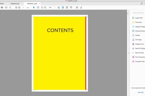 A bright yellow page with "CONTENTS" in black text, part of a PDF document, likely from an InDesign tutorial.