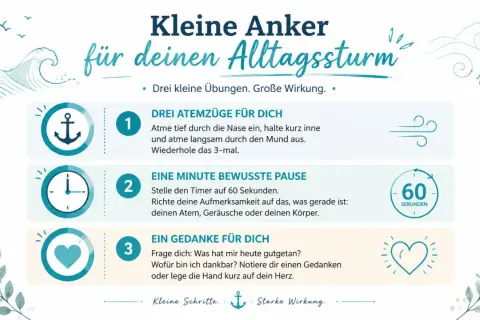 Kleine Übungen für den Alltag: Atemzüge, bewusste Pause, Dankbarkeit. So kannst du zu dir selbst finden und Stärke gewinnen.