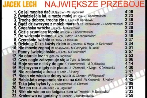 Jacek Lech - największe przeboje. Lista utworów, m.in. "Co jej mogłeś dać", "Dwudziesta lat", "Cygańska wróżba", "Nie mówię żegnaj".