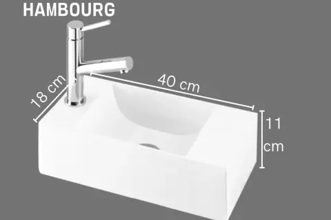 Lavabo suspendu HAMBOURG blanc, 40 cm de long, 18 cm de hauteur du robinet, 11 cm de profondeur.