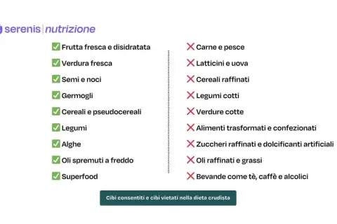 Lista cibi consentiti (frutta, verdura, semi, legumi) e vietati (carne, latticini, cibi cotti) per un dieta crudista esempio settimanale.