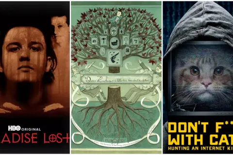 Tre affischer för true crime serier: "Paradise Lost", en illustrerad familjehistoria och "Don't F**k With Cats".