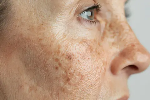 Gros plan sur le visage d'une femme, montrant des taches brunes et des rides. Un exemple de peau avant traitement UV.