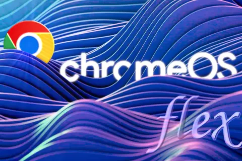 Logo Chrome OS i napis "flex" na tle falujących, niebieskich linii. System operacyjny Chrome OS w nowej, elastycznej odsłonie.