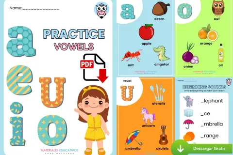 Fichas vocales con dibujos para practicar las letras a, e, i, o, u. Incluye imágenes de animales y objetos.