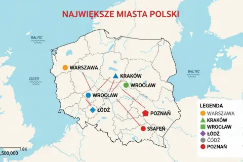 Mapa Polski z zaznaczonymi największymi miastami i legendą.