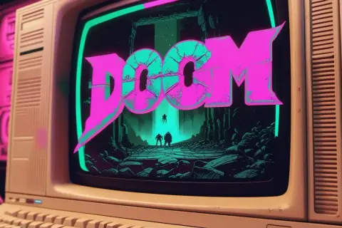 Stary komputer wyświetla logo gry "DOOM" w neonowych barwach. To klasyka **gier retro**, która wciąż fascynuje.