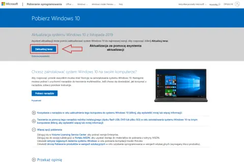 Asystent aktualizacji Windows 10 oferuje łatwą drogę do najnowszej wersji systemu. Kliknij "Zaktualizuj teraz", by rozpocząć.