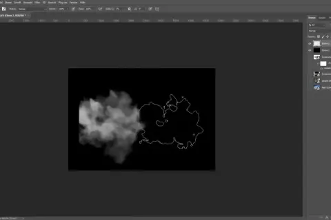 Un aperçu de Photoshop montrant un effet fumée réaliste, avec des calques visibles.