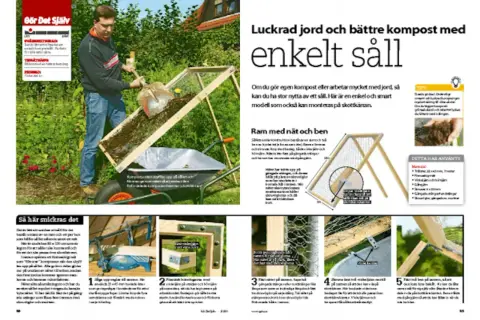 Man bygger kompost av lastpallar. Enkel modell för att sålla jord och kompost.