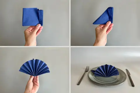 Étapes pour un pliage serviette éventail : une main tient une serviette bleue pliée, puis en triangle, puis ouverte en éventail, prête pour la table.