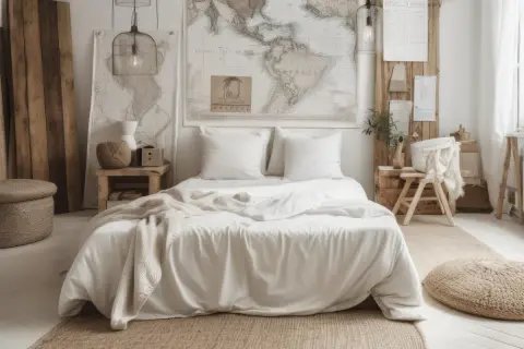 Przytulna sypialnia w stylu scandi boho z łóżkiem, mapą świata na ścianie i naturalnymi materiałami.