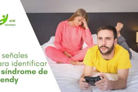 Pareja en cama: ella frustrada, él jugando. Texto: "10 señales para identificar el síndrome de Wendy".