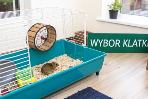Mały chomik w swojej klatce, z kołowrotkiem i zabawkami, czeka na najlepszy wybór klatki.