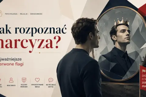 Mężczyzna patrzy w lustro, widząc w nim siebie w koronie. Grafika sugeruje związek z narcyzem i ostrzega przed czerwonymi flagami.