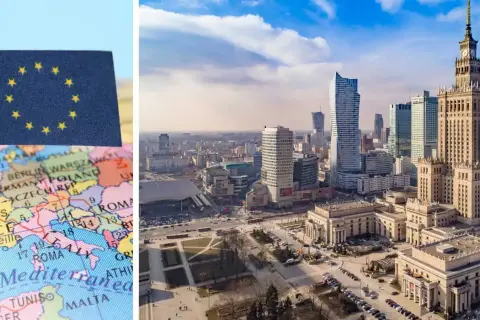 Flaga UE na mapie Europy i panorama Warszawy. Czekamy na moment, kiedy wejdzie w życie ustawa o OZE, by rozwijać zieloną energię.
