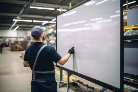 Pracownik w czapce i kamizelce odblaskowej wskazuje na pustą tablicę, symbolizującą zarządzanie wizualne w hali produkcyjnej.