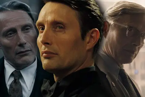 Mads Mikkelsen i tre olika roller, en intensiv blick från den mellersta bilden, en äldre man med glasögon till höger och en man i kostym till vänster.