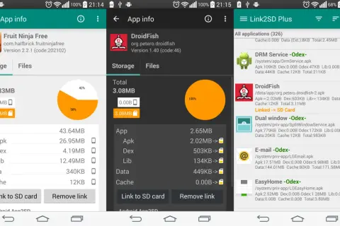 Ekran pokazuje, jak przenieść aplikacje na kartę pamięci, z opcjami "Link to SD card" dla Fruit Ninja Free i DroidFish.