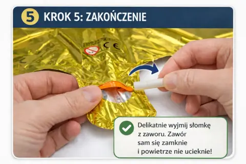 Ostatni krok, jak nadmuchać balon: wyjmij słomkę z zaworu. Sam się zamknie, by powietrze nie uciekło.