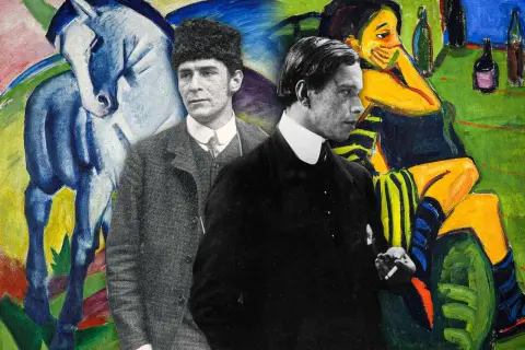 Two men stand before a vibrant German Expressionism art piece featuring a blue horse and a woman in yellow.