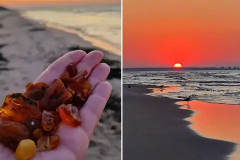 Dłoń trzymająca bursztyny, skarb znaleziony na plaży podczas zachodu słońca. Każdy przezroczysty kamień z morza lśni w ciepłym świetle.