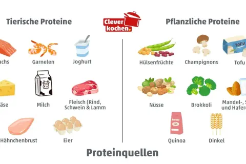 Lebensmittel mit viel Protein und wenig Kalorien: Lachs, Garnelen, Joghurt, Hülsenfrüchte, Tofu, Hähnchenbrust, Eier, Nüsse, Brokkoli, Mandeln, Soja- und Haferdrink.