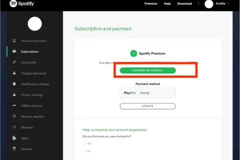 Ekran Spotify z opcją "Zmień lub anuluj" dla Spotify Premium. Kliknij, aby dowiedzieć się, jak wyłączyć Spotify Premium.