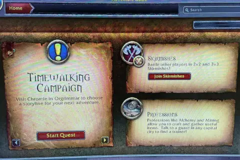 Menu gry z opcjami: Timewalking Campaign, Skirmishes i Professions. Rozdzielczość 2k zapewnia wyraźny obraz.