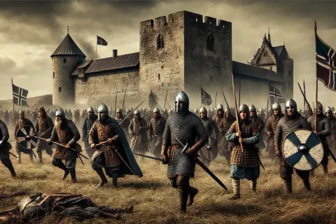 Arméer samlas framför en borg, redo för strid. En scen som påminner om **slaget vid Visby**.