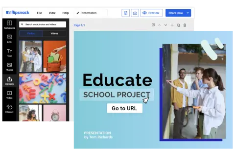 Plantillas de flipbook para proyectos escolares. Una presentación "Educate" con estudiantes en una pizarra.