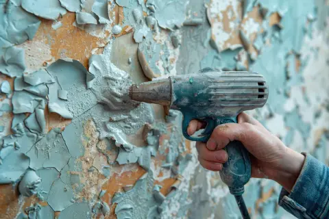 Strumento per rimuovere la pittura scrostata da un muro. La mano impugna l'utensile, pronto a iniziare il lavoro.