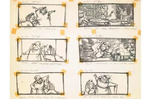 Storyboard z rysunkami postaci, sceny z życia czarownic i przygotowań do uczty.